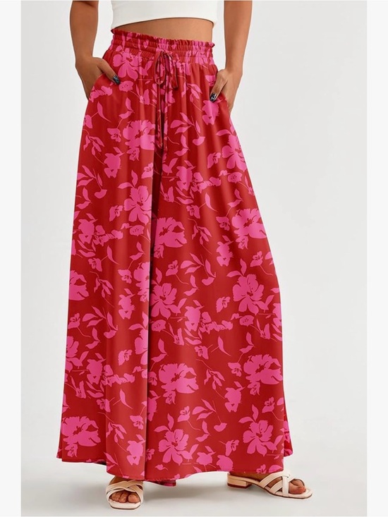 PrettyGarden Pants - Pretty Garden Pink Tropical Wide Leg Palazzo Pants Beach Pull On Women M NEW